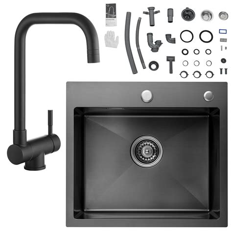 Cecipa 2 en 1 Évier de Cuisine Inox 1 Bac Noir Anthracite 50 x 45 x 18