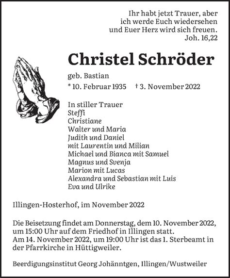 Traueranzeigen Von Christel Schr Der Saarbruecker Zeitung Trauer De