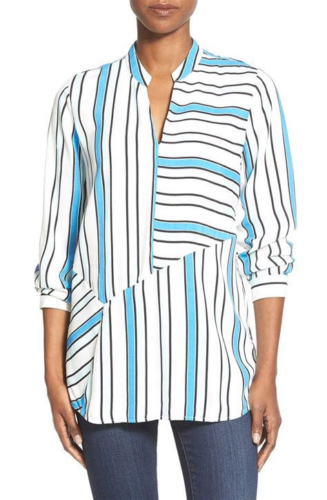 Vince Camuto Small Havana Stripe Split Neck Blouse Striped Shirt Tops Blouse Tops