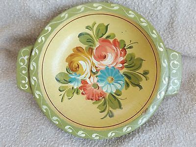 Vintage Hand Painted Wood Toleware Bowl Folk Art Floral Green Yellow