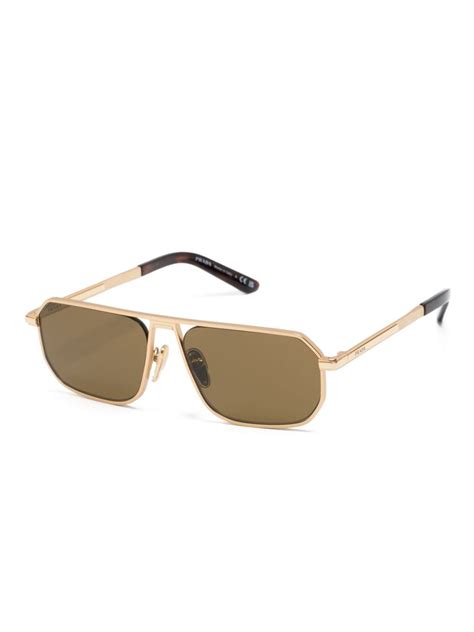 Prada Eyewear Logo Engraved Geometric Frame Sunglasses Gold Farfetch Bh