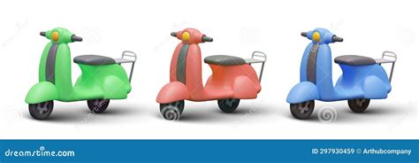 Set Of Realistic Scooters In Different Positions 3d Mopeds Front Side Rear View Vector