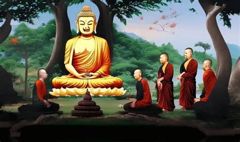 Buddha Sitting Under Tree And Five Monks Sitting In