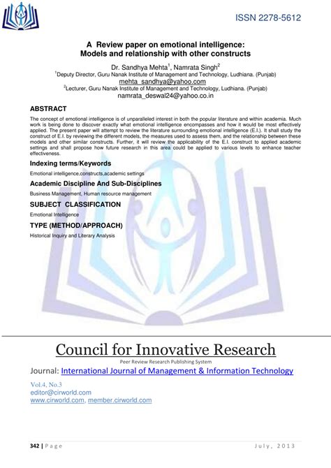 Pdf A Review Paper On Emotional Intelligence Models And Relationship