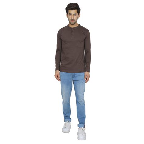 Plain Coffee Brown Cotton Henley Neck Full Sleeve T Shirt At Rs 400 In