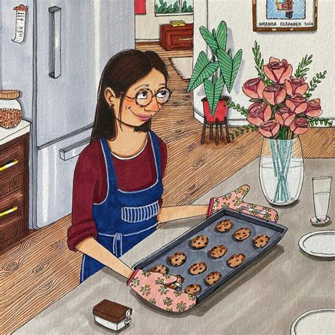 A Painting Of A Woman Baking Cookies In The Kitchen With Pink Flowers