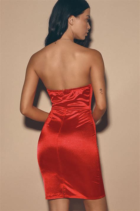 Lulus Red Dress Satin Mini Dress Strapless Dress Bodycon