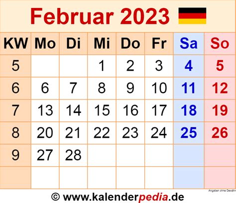 Kalender Februar Als Pdf Vorlagen