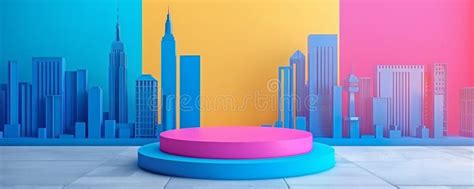 Stylish Pop Art Podium With Vibrant Cityscape Background In Blue