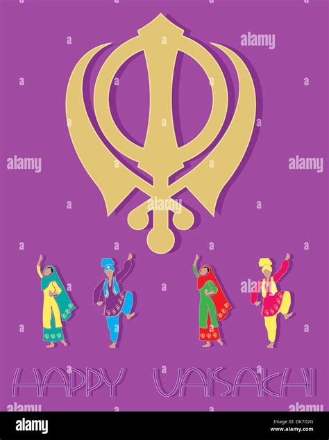 an illustration of a Sikh greeting card design with symbol Punjabi dancers and the words happy ...