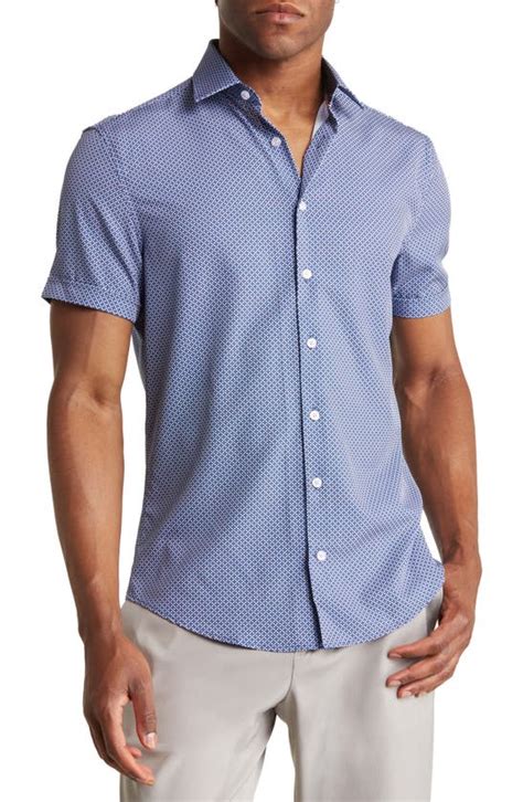 Soul Of London Microdot Stretch Short Sleeve Button Up Shirt In Blue