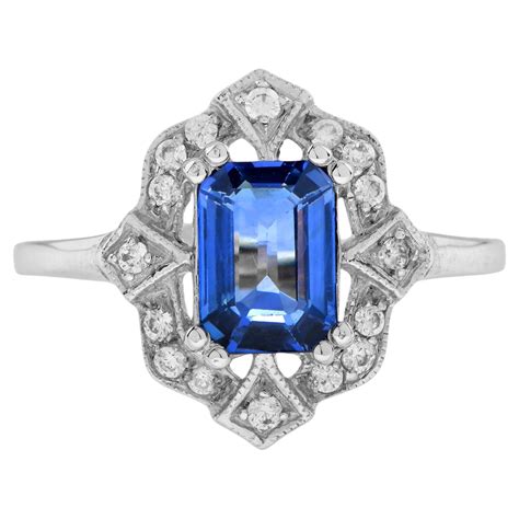 Customizable Ceylon Sapphire And Diamond Art Deco Style Floral Halo