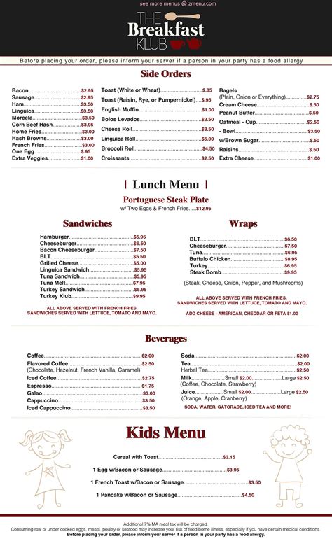 Menu at The Breakfast Klub cafe, New Bedford