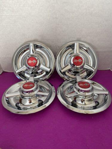 4 3 Bar Spinners Center Caps For Chevy Rally Wheels 7 Red Flags Decals Ebay