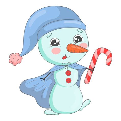 Boneco De Neve Bonito Dos Desenhos Animados Em Um Chap U Azul E Capa De