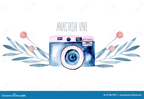 Mockup Of Logo With Watercolor Camera And Floral Elements Stock