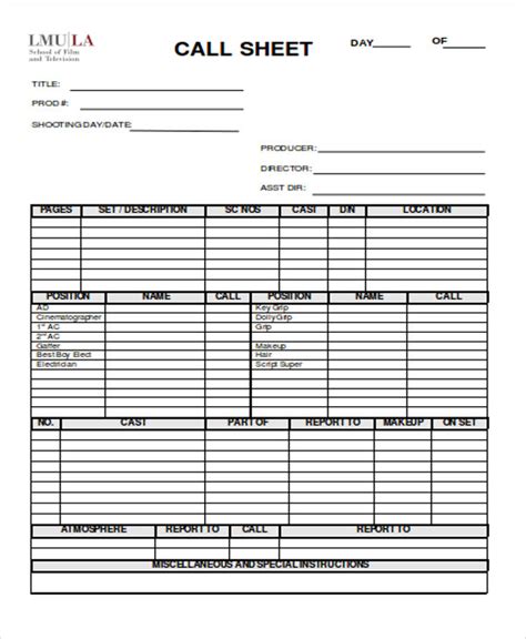 Blank Call Sheet Template Professional Templates Professional