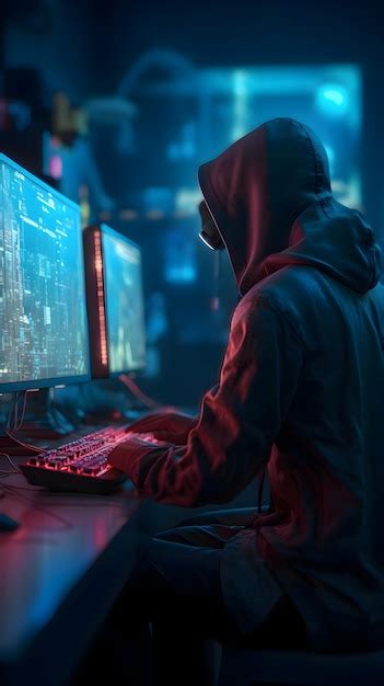 Hacker Encapuzado Usando Computador Em Sala Escura Conceito De