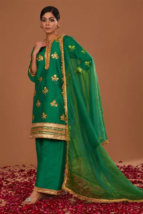 Buy Green Kurta And Pant Dupion Embroidered Gota Notched Set For Women