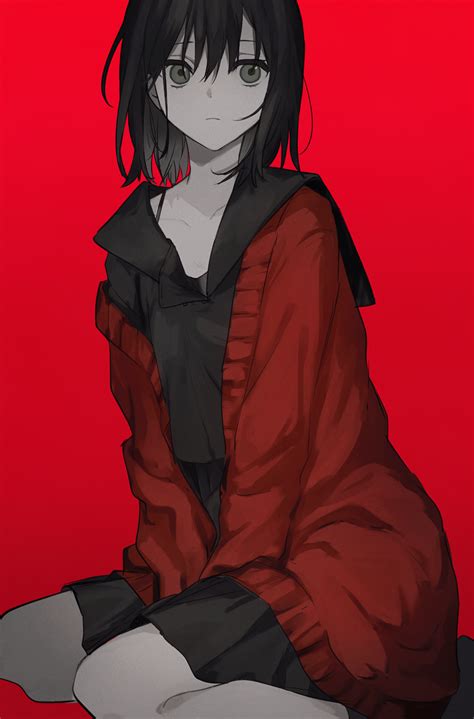 Safebooru 1girl Between Legs Black Hair Black Skirt Cardigan Closed