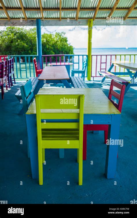 British Virgin Islands Anegada Setting Point Beach Bar Tables Stock