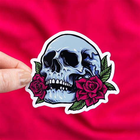 Skull And Roses Sticker Glossy White Vinyl Sticker Gothic Etsy Australia