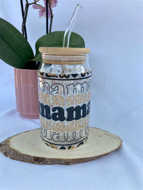 Mama 16 0z Glass Can W Bamboo Lid And Glass Straw Soda Glass Can Iced