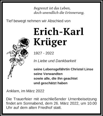 Traueranzeigen von Erich Karl Krüger Trauer Nordkurier