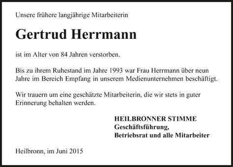 Traueranzeigen Von Gertrud Herrmann Trauerundgedenken De