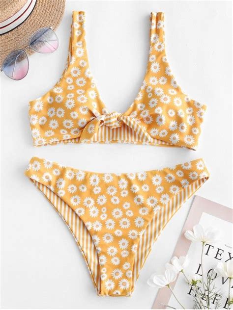 26 OFF 2021 ZAFUL Reversible Daisy Striped Tied Bikini Swimsuit In