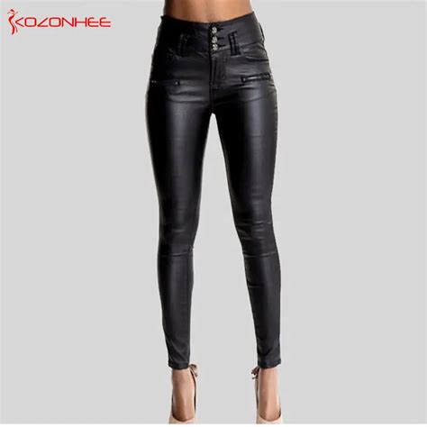 Plus Size Black Pu Leather Pants With High Waist Stretch Skinny Pu