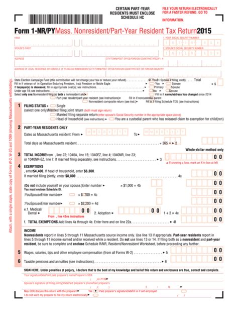 Form 1 Nr Py Mass Nonresident Part Year Resident Tax Return 2015