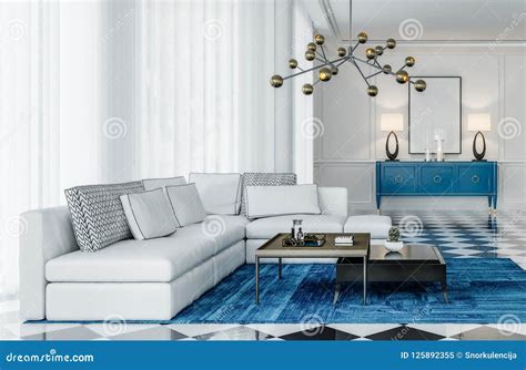 Modern Interior Design Living Room with Blue Accents Stock Illustration ...