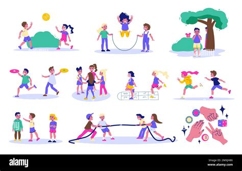 Children Active Fun Games Flat Icons Set Isolated Vector Illustration