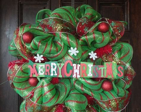 Red Green Striped Christmas Deco Mesh Wreath Etsy