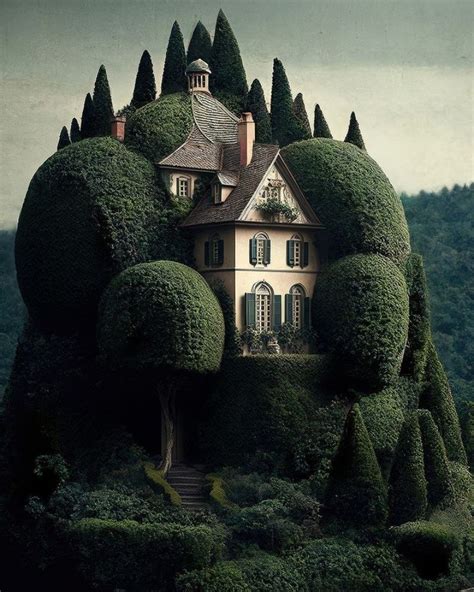 Midjourney ensconced topiary houses - Beautiful mansion enshrouded in splendor amidst topiaries ...