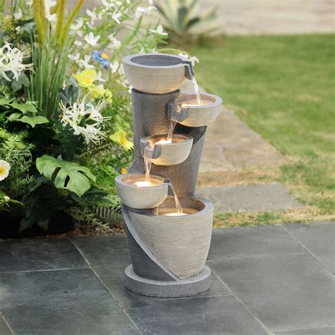 LuxenHome Gray Cascading Bowls And Column Resin Outdoor Fountain With