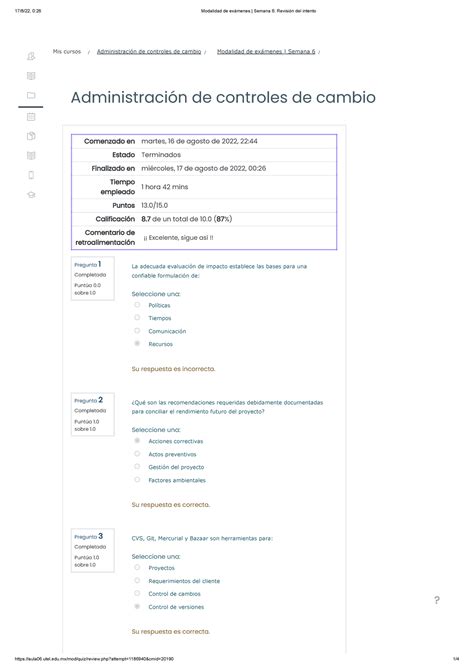 Modalidad de exámenes Semana 6 Revisión del intento Administración de