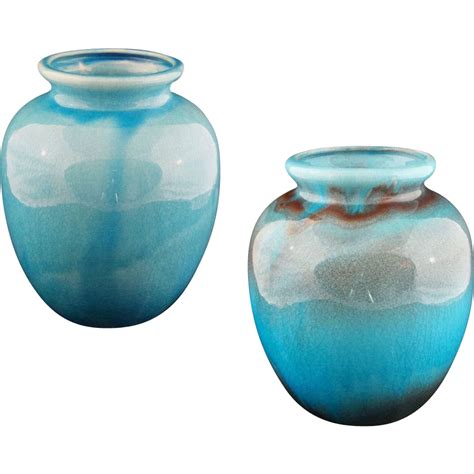 Pair 95 H Turquoise Colored Glazed Pottery Vases Jars C 20th From