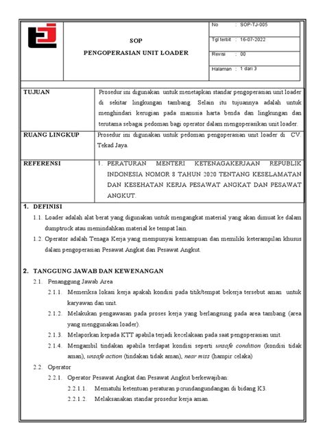 Sop 005 Pengoperasian Loader Pdf