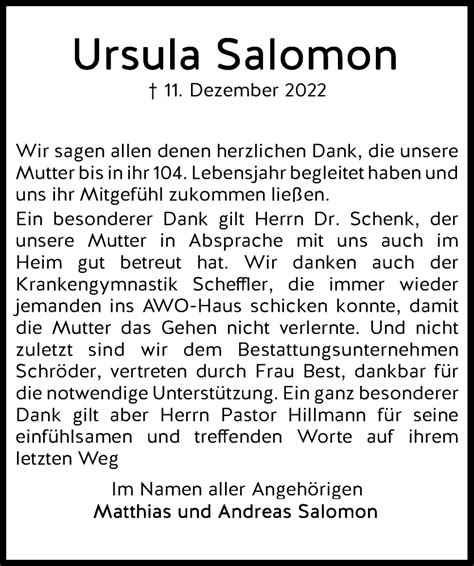 Traueranzeigen Von Ursula Salomon Trauer Anzeigen De