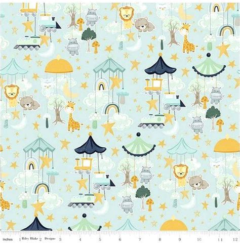 Its A Boy Baby Fabric Baby Animals Stars And Clouds Over Mint Fabric