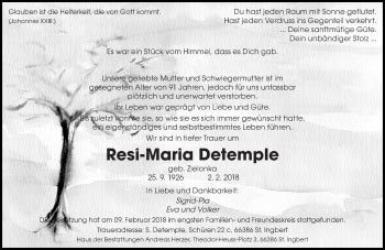 Traueranzeigen Von Resi Maria Detemple Saarbruecker Zeitung Trauer De