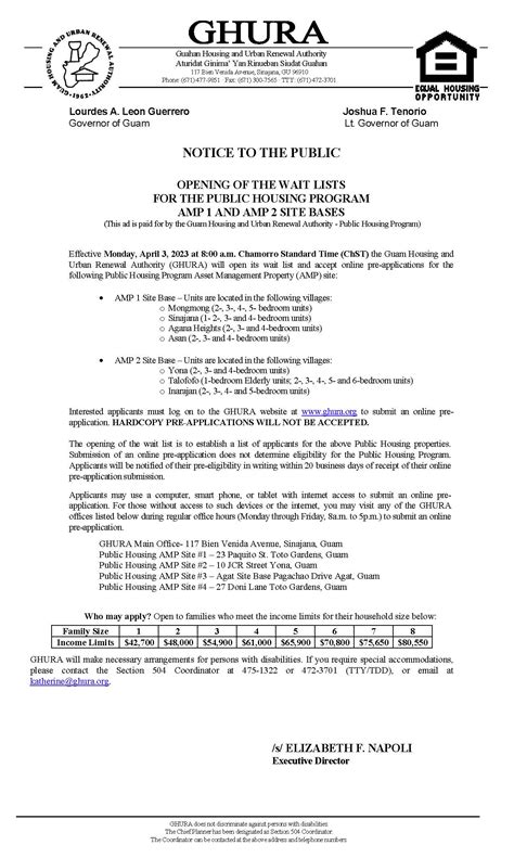 Notice to the Public - Opening of Public Housing AMP1 and AMP2 Wait Lists - GHURA | Guam Housing ...