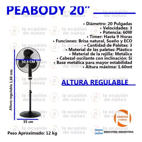 Ventilador De Pie Peabody W Velocidades Altura Regulable En Venta