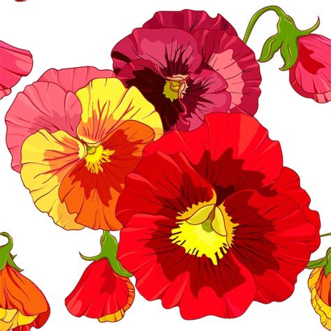 Flores vermelhas e laranja brilhantes de pansy padrão vetorial sem