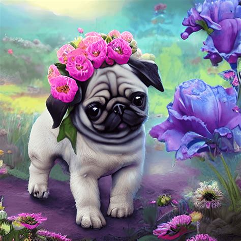 Lindo dibujo animado de bebé pug con fondo de paisaje Creative Fabrica