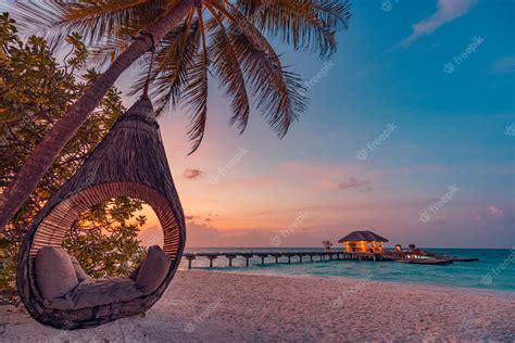 Premium Photo Tropical Sunset Beach Background Summer Island Landscape With Beach Swing Or