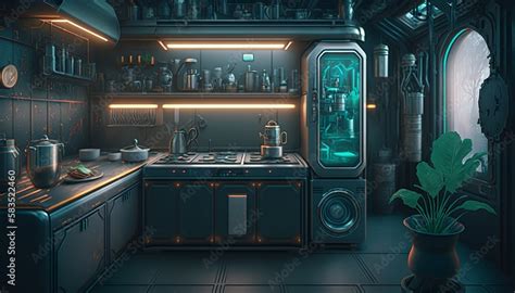 Futuristic Cyberpunk Kitchen Interior With Metal Walls Cabinet And