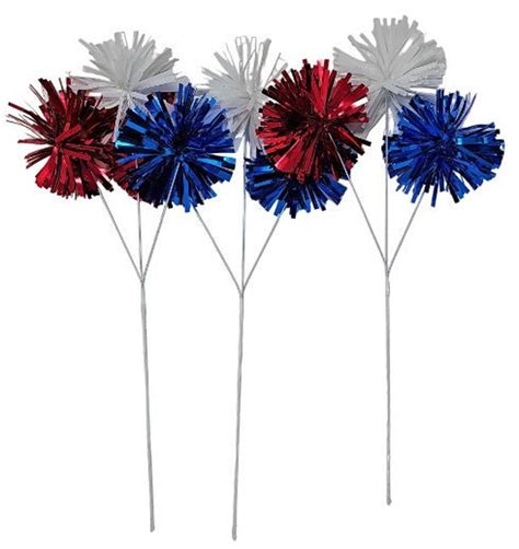 Patriotic Red White And Blue Tinsel Pom 18 Floral Picks Etsy